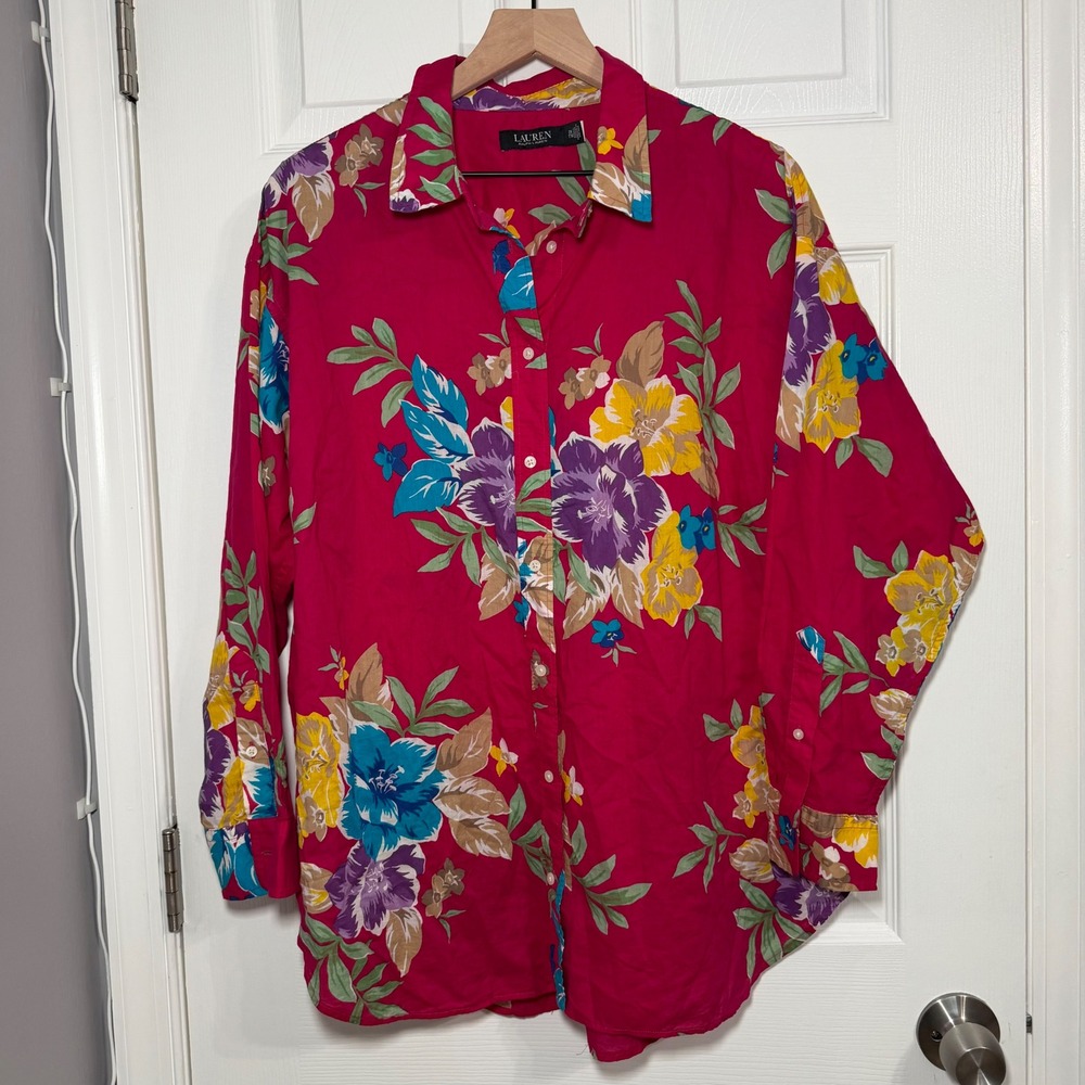 Lauren Ralph Lauren Pink Floral Cotton Button Down Shirt Women 2X Plus Size